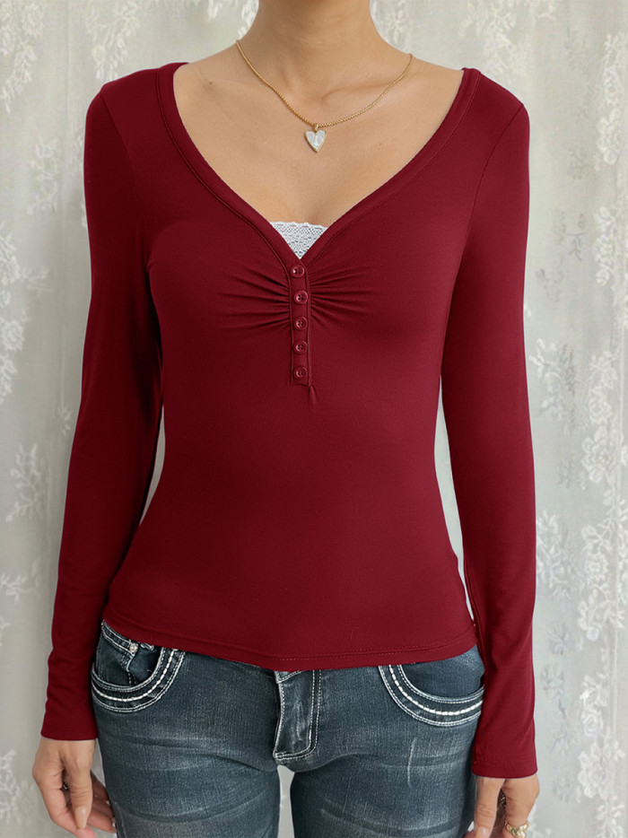 Split-Joint Solid Color Pleated Buttoned Skinny Long Sleeves V-Neck T-Shirts Tops
