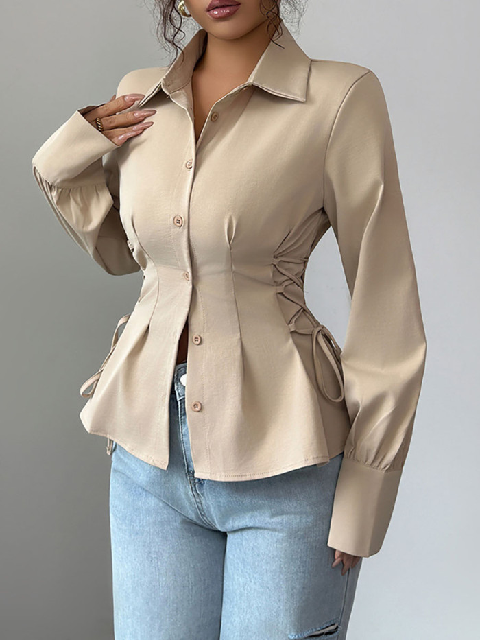 Tied Solid Color Pleated Buttoned Puff Sleeves Long Sleeves Lapel Blouses&Shirts Tops