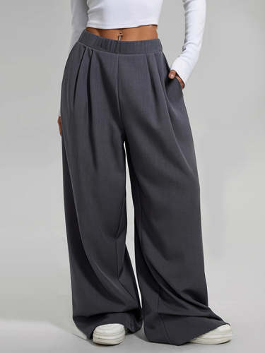 High Waisted Loose Pleated Pockets Solid Color Pants Trousers