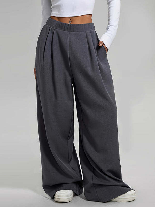 High Waisted Loose Pleated Pockets Solid Color Pants Trousers