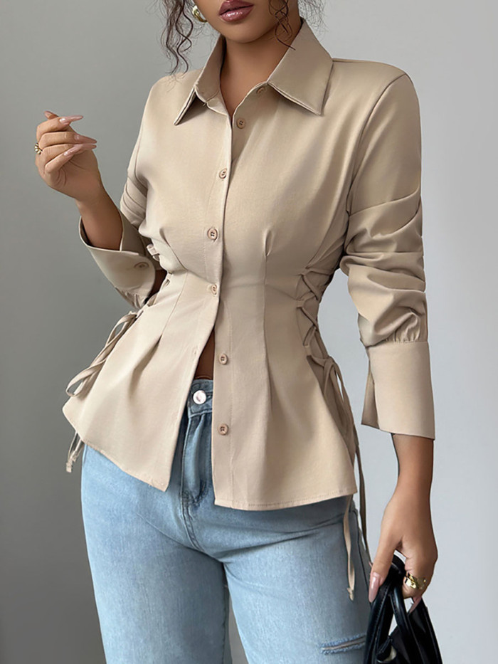 Tied Solid Color Pleated Buttoned Puff Sleeves Long Sleeves Lapel Blouses&Shirts Tops