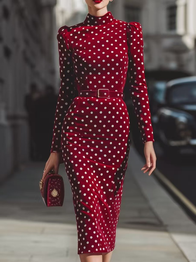 Zipper Split-Joint Split-back Polka Dot Contrast Color Belted Long Sleeves High Waisted Mock Neck Midi Dresses