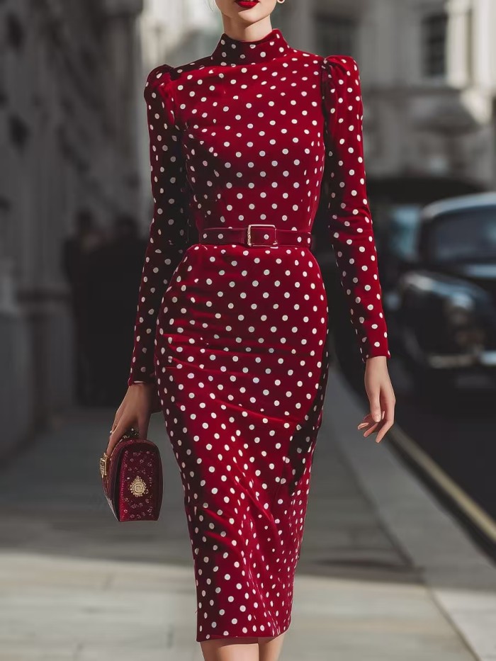 Zipper Split-Joint Split-back Polka Dot Contrast Color Belted Long Sleeves High Waisted Mock Neck Midi Dresses