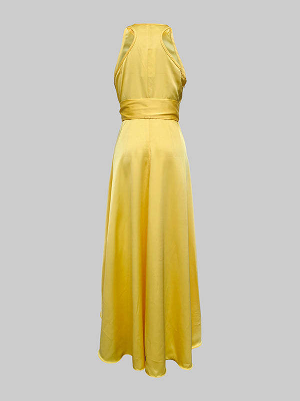 High-Low Loose Ruffle Trim Solid Color Tied Waist V-Neck Maxi Dresses