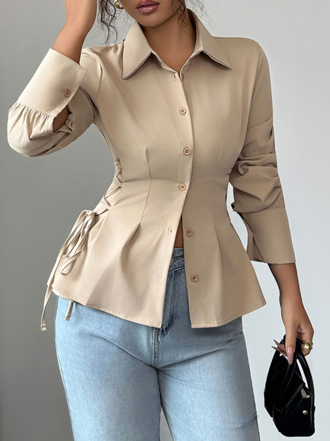 Tied Solid Color Pleated Buttoned Puff Sleeves Long Sleeves Lapel Blouses&Shirts Tops