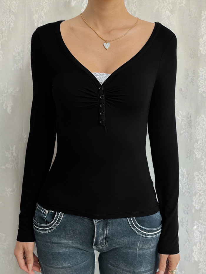 Split-Joint Solid Color Pleated Buttoned Skinny Long Sleeves V-Neck T-Shirts Tops