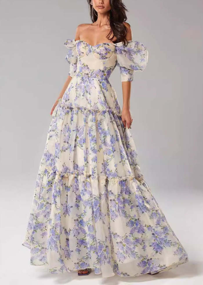 French Pink Ruffled Print Chiffon Long Dresses Summer