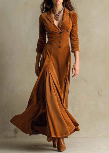 Unique Brown Peter Pan Collar Velvet Long Dresses Bracelet Sleeve