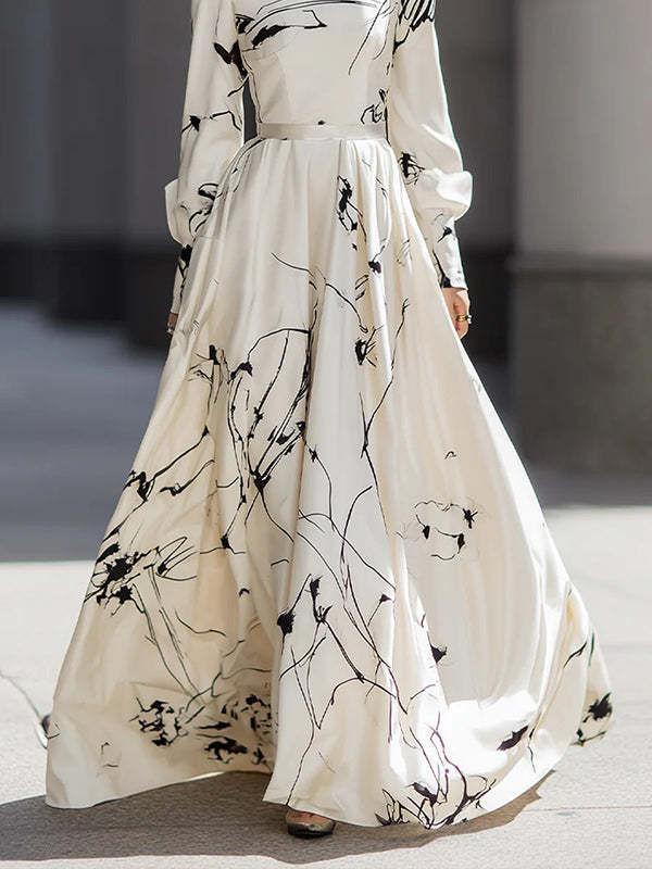 A-Line Long Sleeves Contrast Color Pleated Round-Neck Maxi Dresses