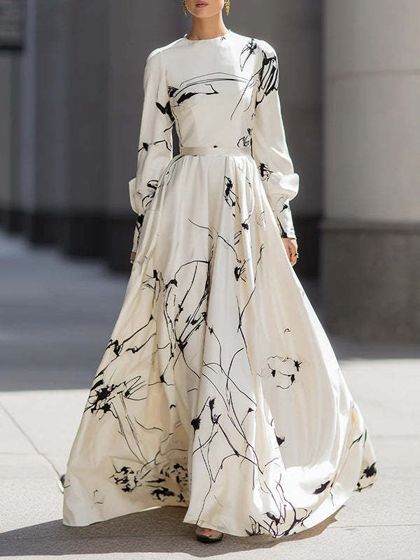 A-Line Long Sleeves Contrast Color Pleated Round-Neck Maxi Dresses