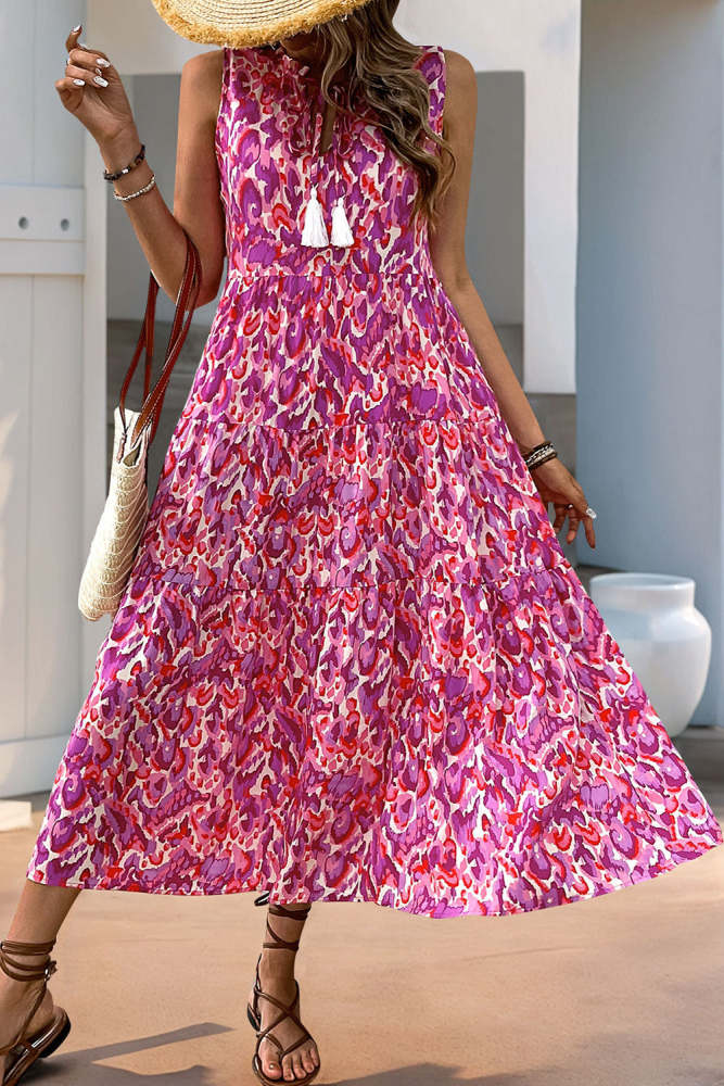 Blue Printed Sleeveless A Line Summer Dress