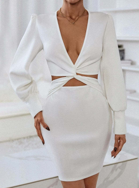 Sexy V-neck Openwork Long Sleeve Dress
