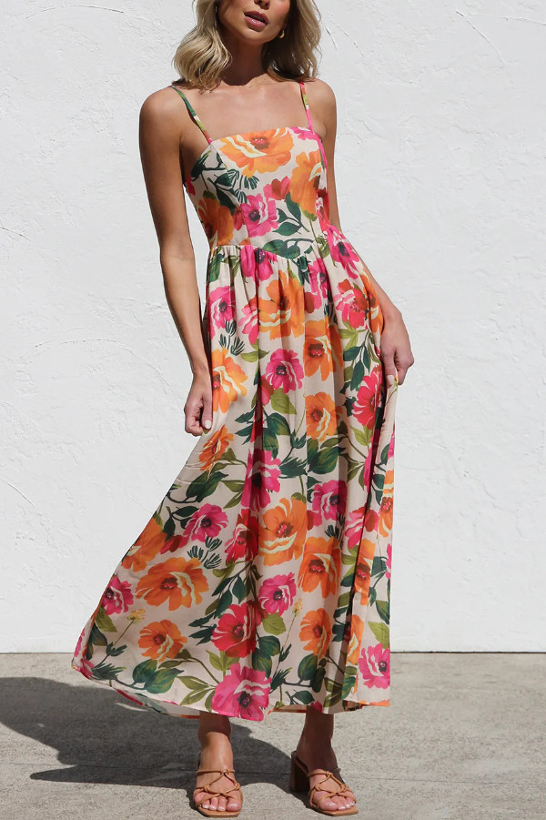 Floral Print Sleeveless Square Neck Casual Holiday Midi Dress