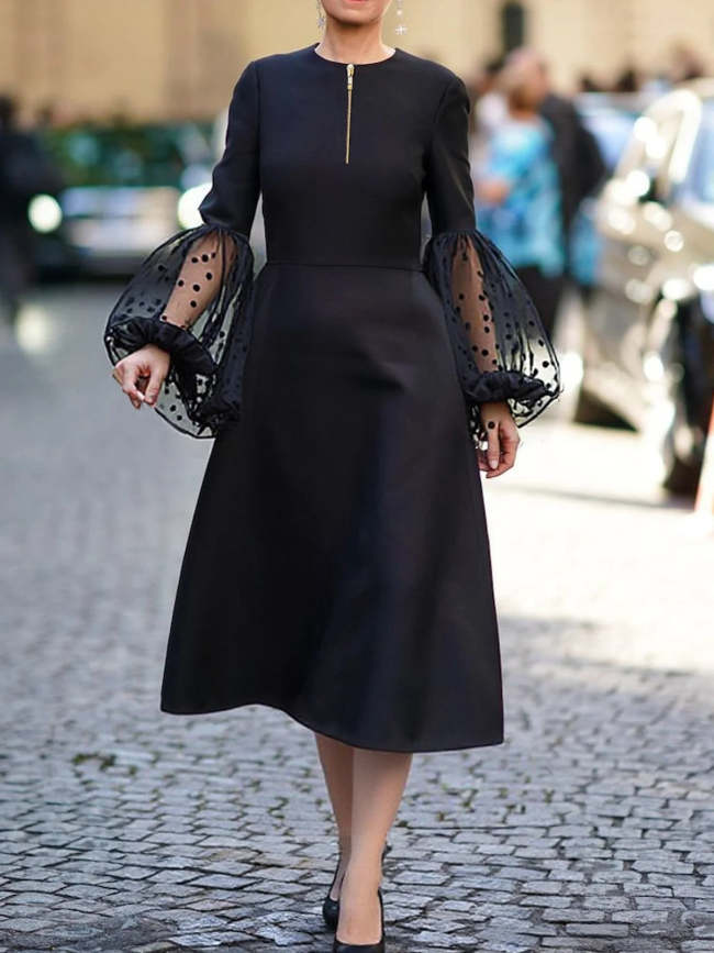 A-Line Long Sleeves Mesh Patchwork Polka-Dot Split-Joint Zipper Round-Neck Midi Dresses