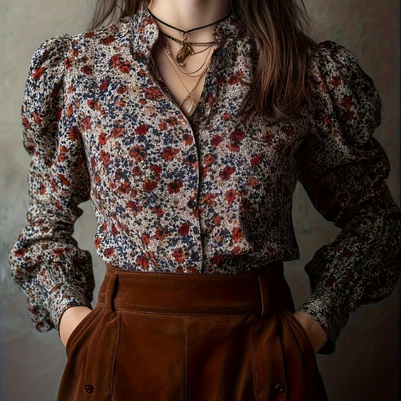 Elegant Floral Print Shirt for Women in Western Styles, Suitable for All Seasons