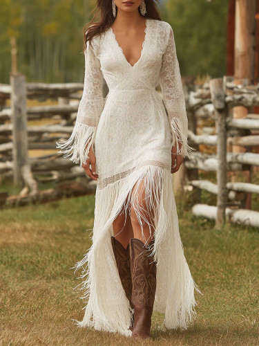 ✨ Elegant Vintage Boho Tassel Lace Maxi Dress | White V Neck Fringe Sleeve Wedding Guest Party Dress