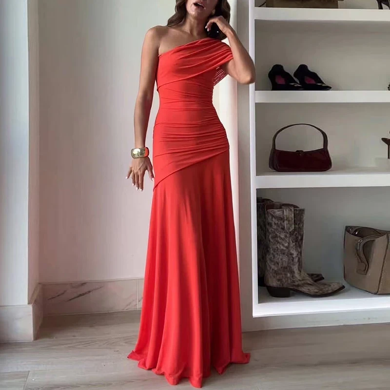 🖤 One-Shoulder Asymmetrical Pleated High Waist Banquet Dress