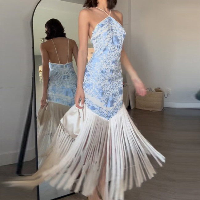 🖤 Off-Shoulder Tassel Print Backless Irregular Evening Dress