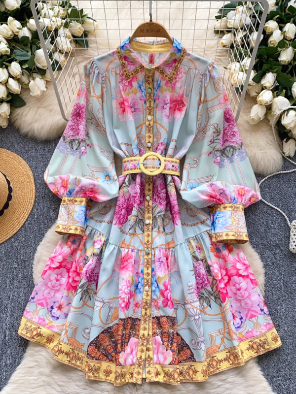 ✨ French Vintage Palace Evening Dress Sashes Button Print Short Party Dress Chic Elegant 🌹