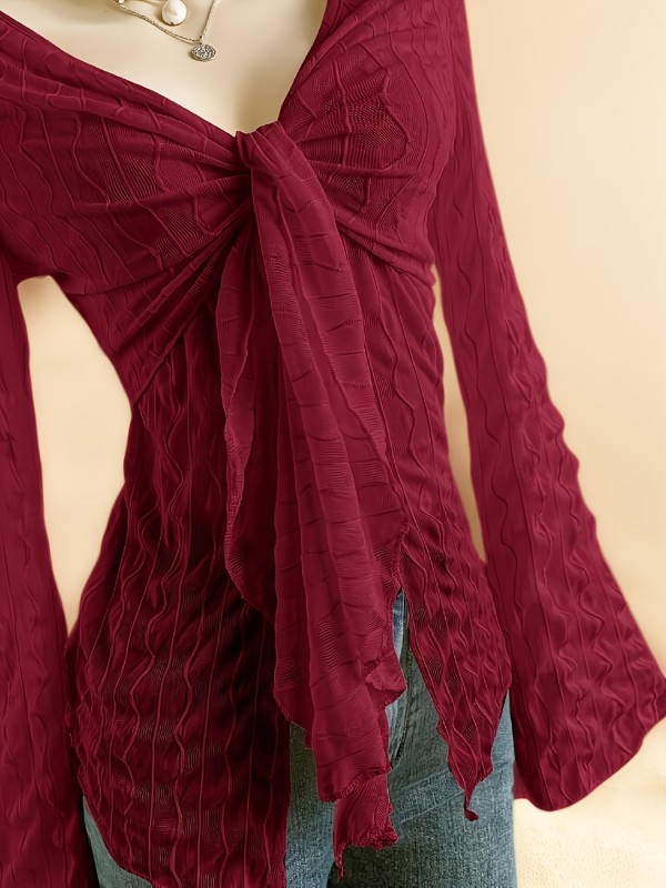 ✨ Burgundy Deep V-Neck Tie Front Top | Asymmetrical Bell Sleeve Textured Blouse