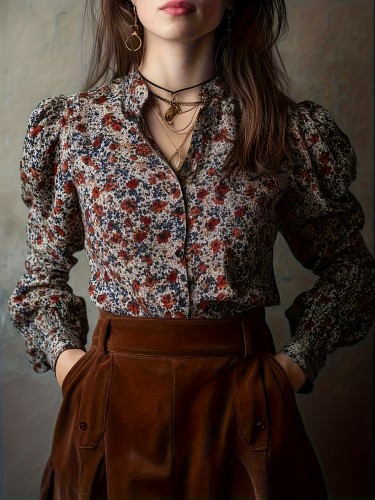 Elegant Floral Print Shirt for Women in Western Styles, Suitable for All Seasons