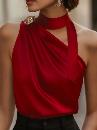 Women'S Elegant Sleeveless Top with a Neck Tie Bow Design in Satin with a Glossy End