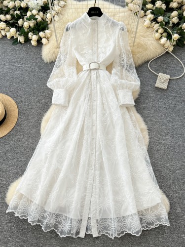 ✨ Retro Elegant Lace Embroidery Maxi Skirt | Korean Style Pleated High Waist Commute Long Skirt