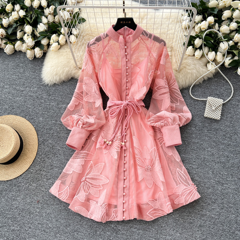✨ French Elegant Hollow Crochet Embroidery Dress Lantern Sleeve A-Line Sashes 🌸