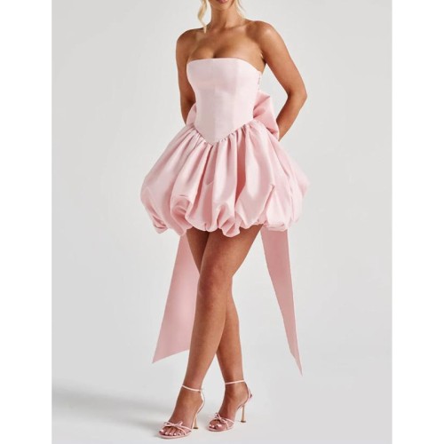 🖤  Strapless Off-Shoulder Tube Mini Dress | Bow Decor, Backless Bandage Bodycon Party Bubble Dress