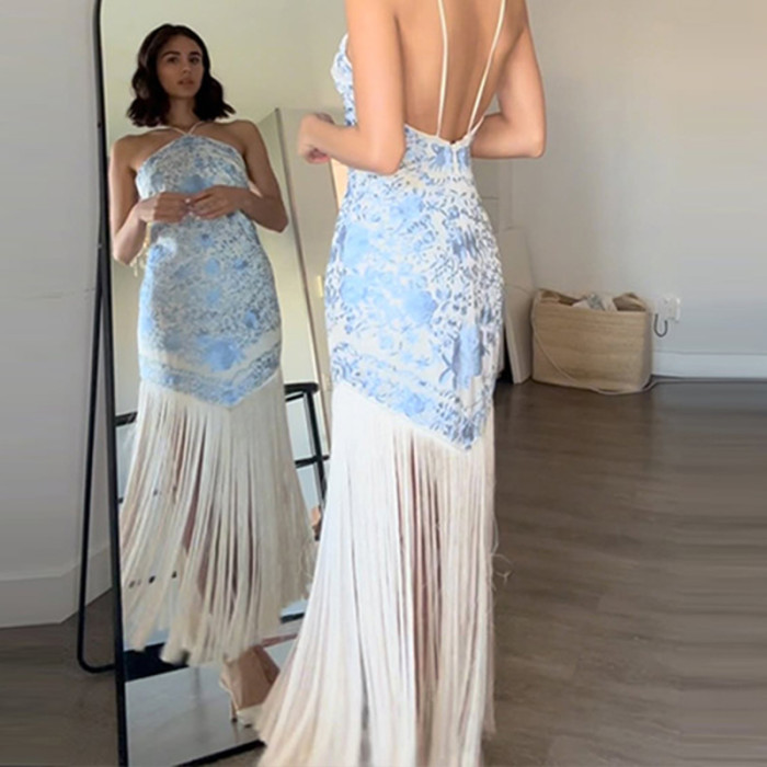 🖤 Off-Shoulder Tassel Print Backless Irregular Evening Dress