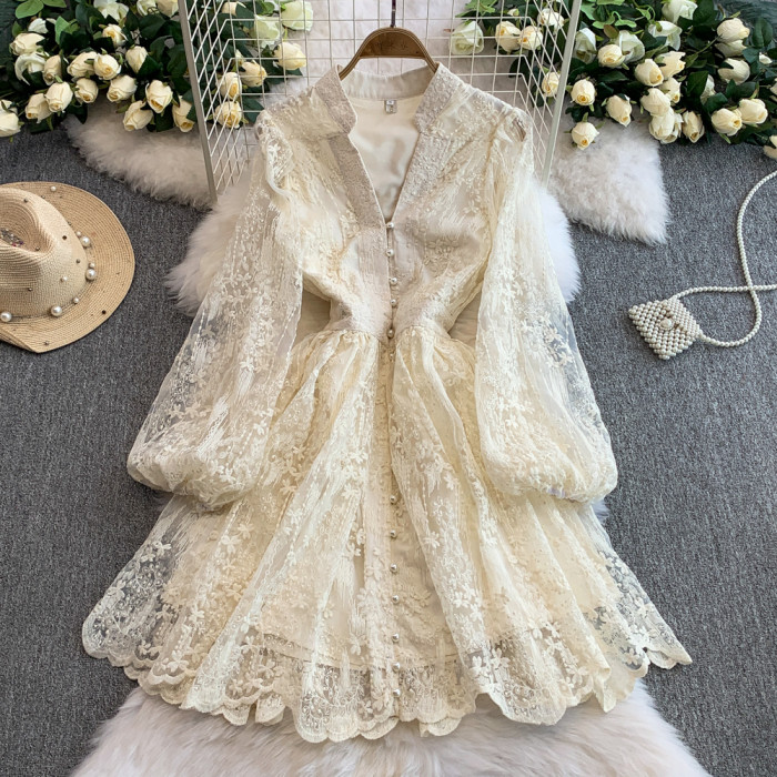 🪡 Elephant Embroidered V-Neck Lantern Sleeve A-Line Dress