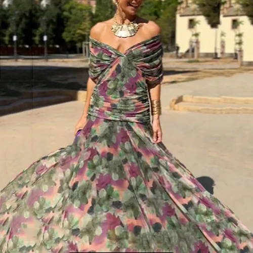 🌸 Bohemian Floral Print Off Shoulder Dress | Deep V Neck, Bat Short Sleeve, Pleated Swing Elegant Holiday Dress