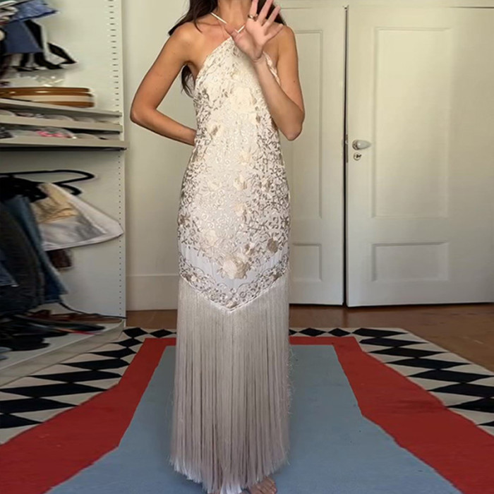 🖤 Off-Shoulder Tassel Print Backless Irregular Evening Dress