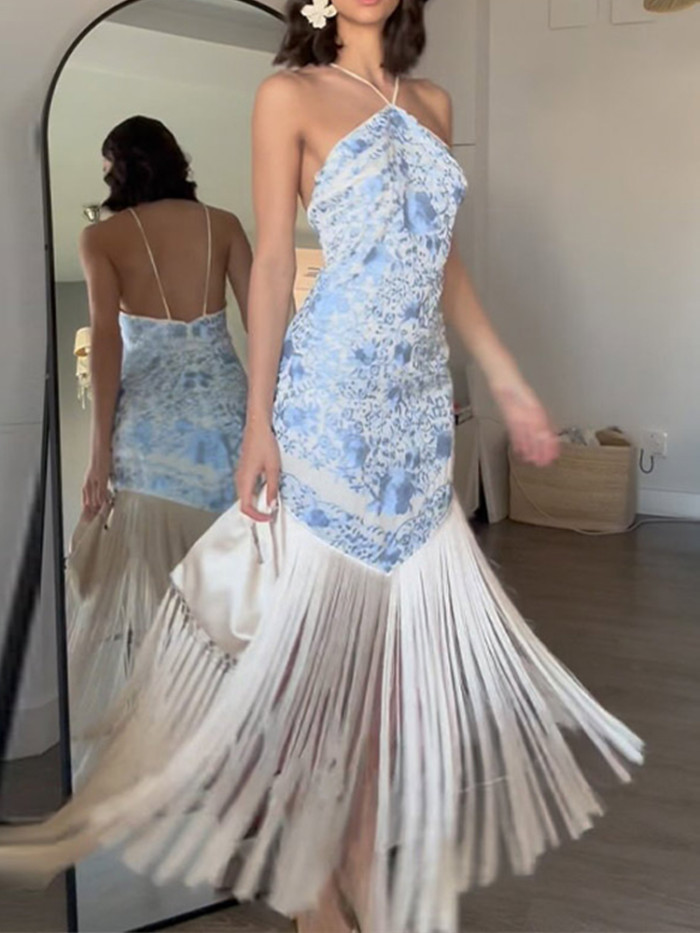 🖤 Off-Shoulder Tassel Print Backless Irregular Evening Dress