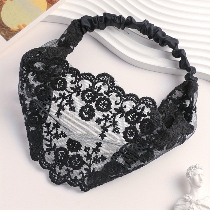Wide Lace Hair Band Flower Embroidered Headband Stretchy Headdress For Women Female Elegant Hair Accessories