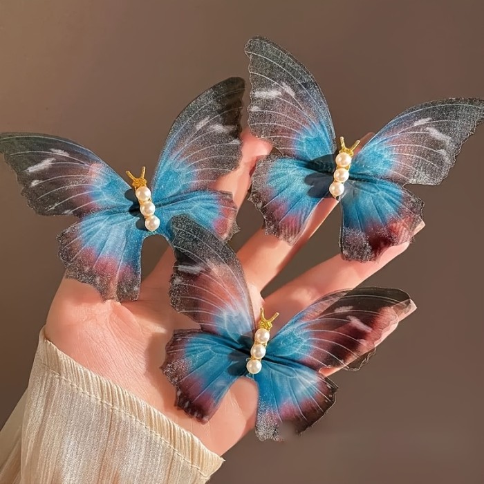 3pcs Women'S Sheer Butterfly Hair Clips in a Vintage French Style with Pearls