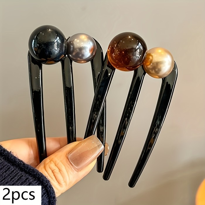 ✨ 2/3Pcs New Chinese Style Bead U-Shaped Hairpins | Three-Pronged Bun Hairstyle Hair Clip for Daily Commute