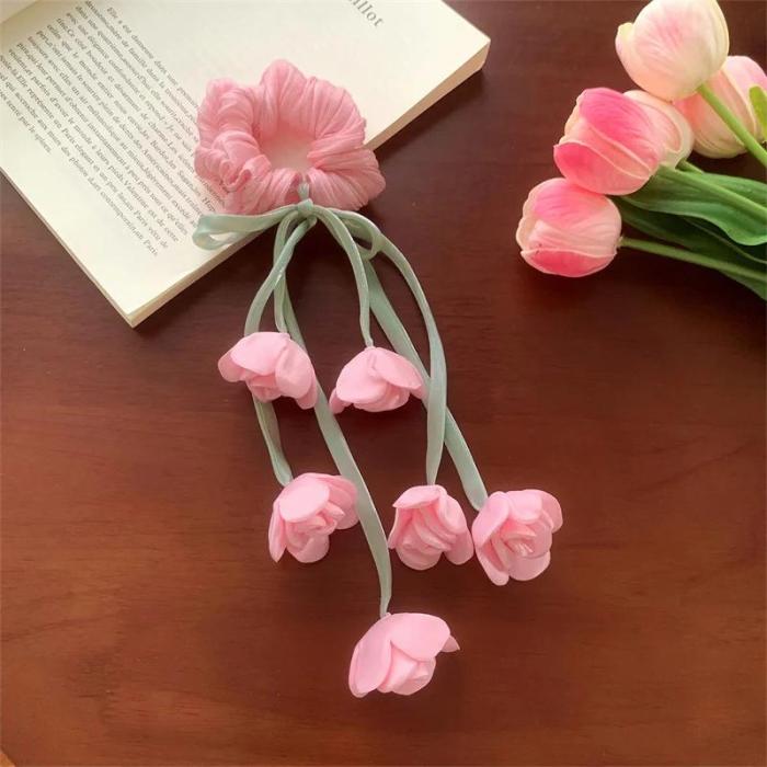 ✨ Ethereal Floral Scrunchie Hair Tie – Lily Of The Valley & Tulips with Dainty Dangling Ribbon for Women