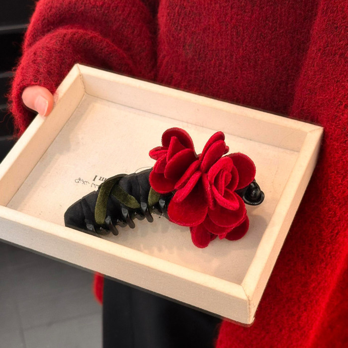 ✨ Sweet Red Rose Flower Banana Hair Clip | Velour Ponytail Updo Hair Clip for Women
