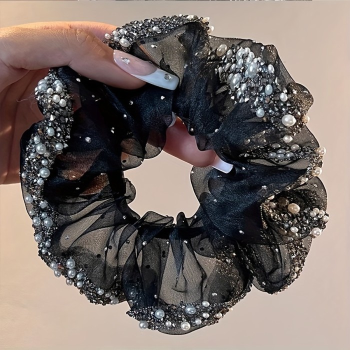 ✨ Women's Exquisite Luxury Mesh Hair Tie with Crystal Accents | Black Elastic Hair Accessory