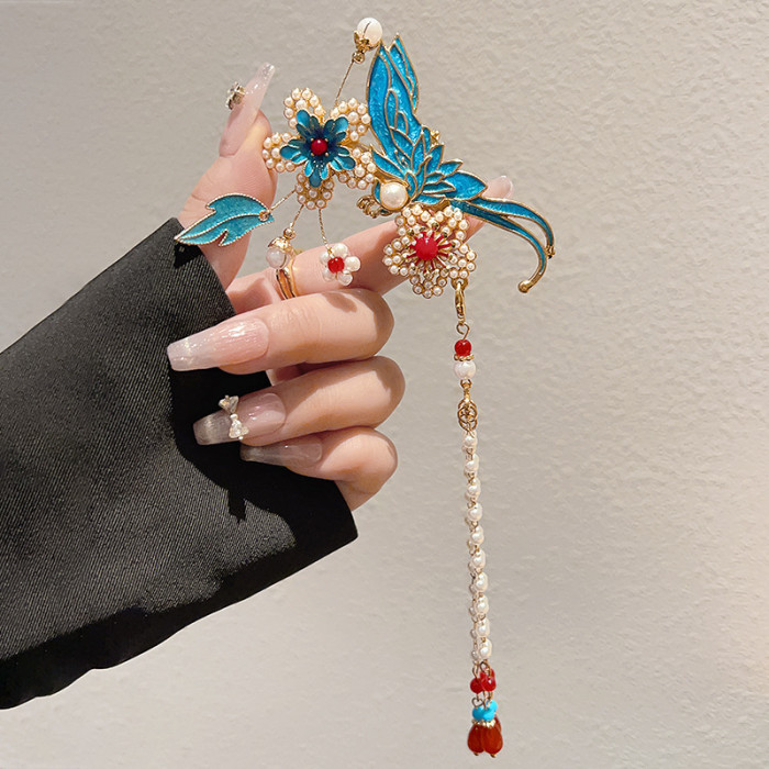 🎐 Vintage Chinese Tassel Hair Pins • Elegant Blue Gold Hanfu Accessories for Braids & Ponytails