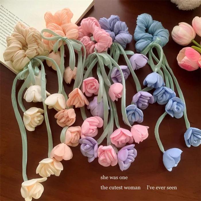✨ Ethereal Floral Scrunchie Hair Tie – Lily Of The Valley & Tulips with Dainty Dangling Ribbon for Women