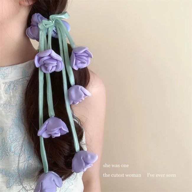 ✨ Ethereal Floral Scrunchie Hair Tie – Lily Of The Valley & Tulips with Dainty Dangling Ribbon for Women