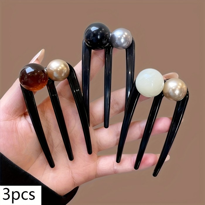 ✨ 2/3Pcs New Chinese Style Bead U-Shaped Hairpins | Three-Pronged Bun Hairstyle Hair Clip for Daily Commute