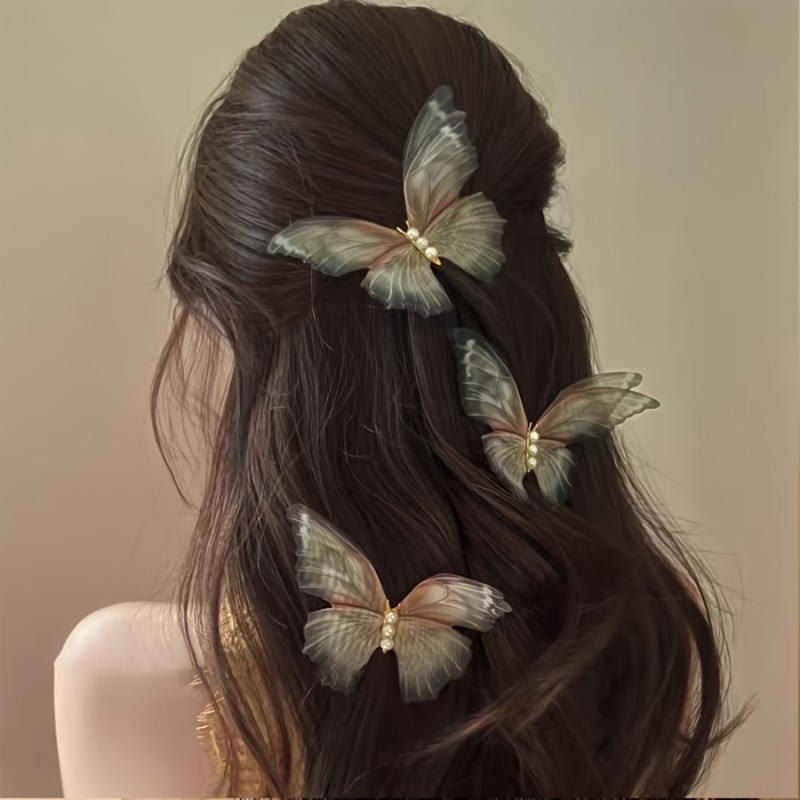 3pcs Women'S Sheer Butterfly Hair Clips in a Vintage French Style with Pearls