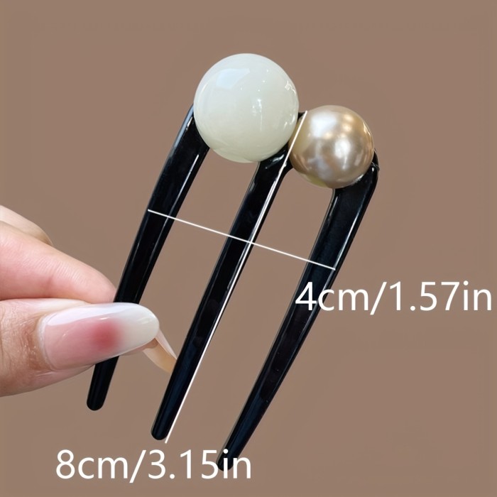 ✨ 2/3Pcs New Chinese Style Bead U-Shaped Hairpins | Three-Pronged Bun Hairstyle Hair Clip for Daily Commute