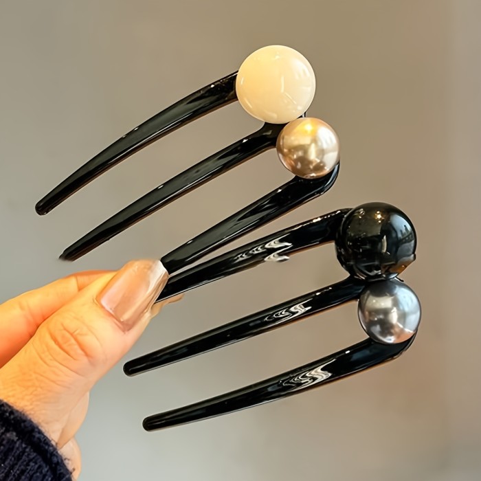 ✨ 2/3Pcs New Chinese Style Bead U-Shaped Hairpins | Three-Pronged Bun Hairstyle Hair Clip for Daily Commute