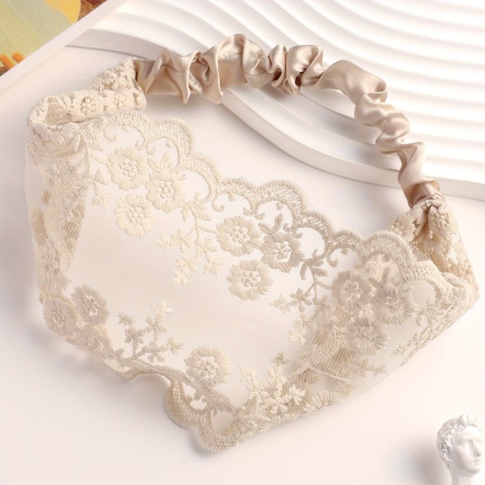 Wide Lace Hair Band Flower Embroidered Headband Stretchy Headdress For Women Female Elegant Hair Accessories