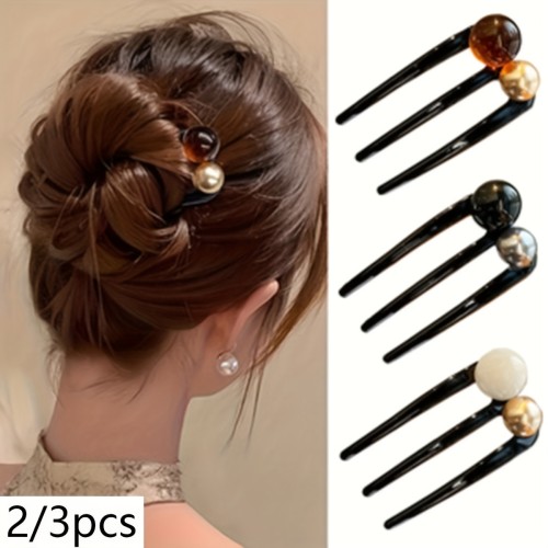✨ 2/3Pcs New Chinese Style Bead U-Shaped Hairpins | Three-Pronged Bun Hairstyle Hair Clip for Daily Commute