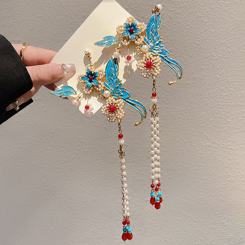 🎐 Vintage Chinese Tassel Hair Pins • Elegant Blue Gold Hanfu Accessories for Braids & Ponytails